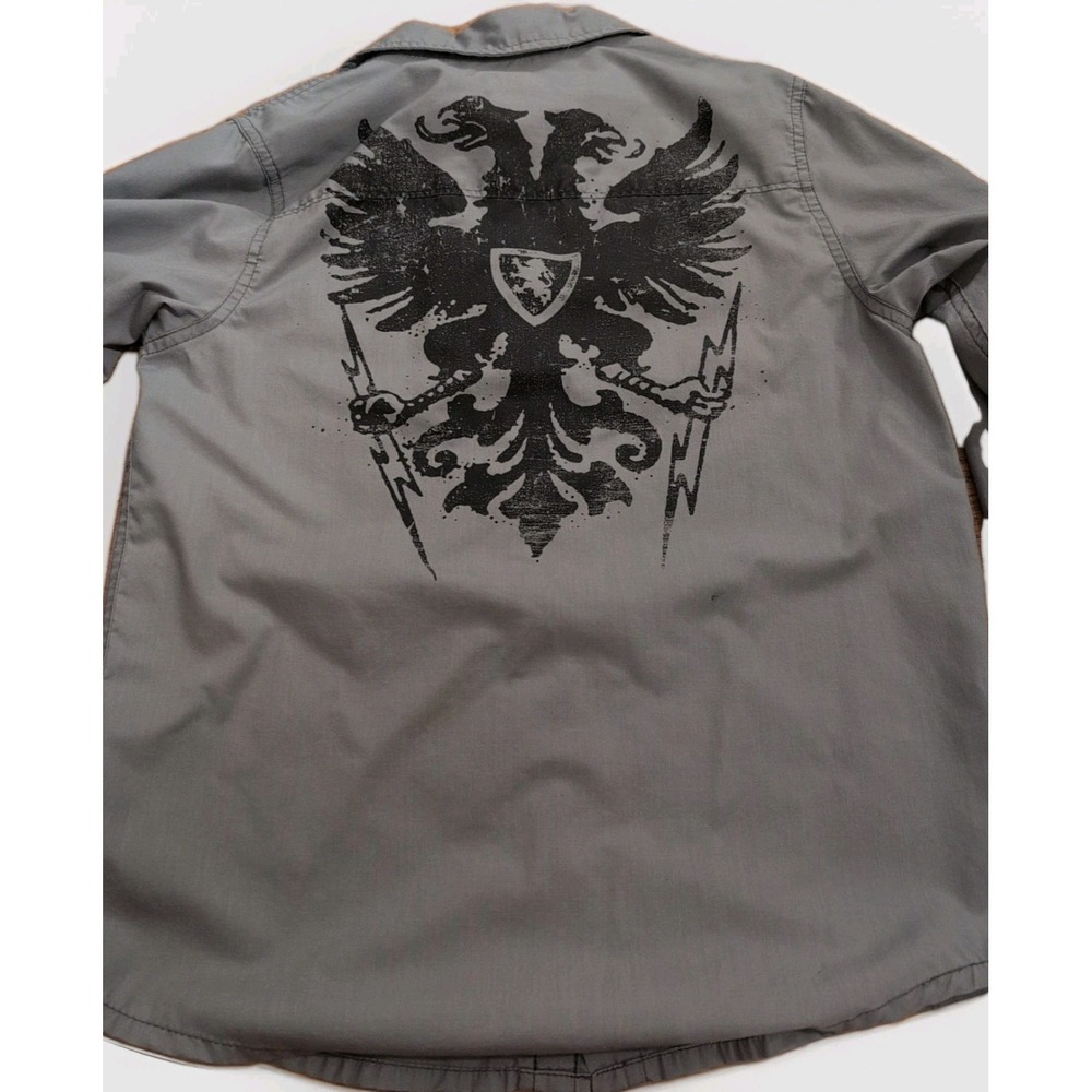 Helix Boys L Long Sleeve Button Down Shirt Cotton Blend Gray Eagle Crest EUC